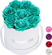 Relaxdays flowerbox - 8 kunstrozen - rozenbox - bloemendoos - wit - kunstbloemen - turkoois