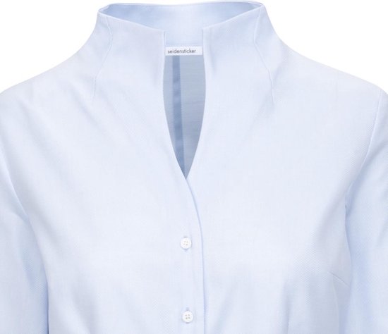 Dames blouse lichtblauw volwassen lange mouw kelkkraag sta kraagje  ribbelkatoen luxe... | bol.com