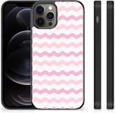 Bumper Hoesje Geschikt voor iPhone 12 Pro Max GSM Hoesje met Zwarte rand Waves Roze