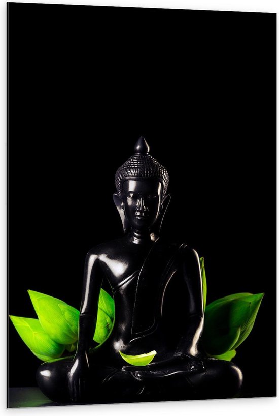 Dibond - Buddha Met Groene Planten - 80x120cm Foto op Aluminium (Met Ophangsysteem)