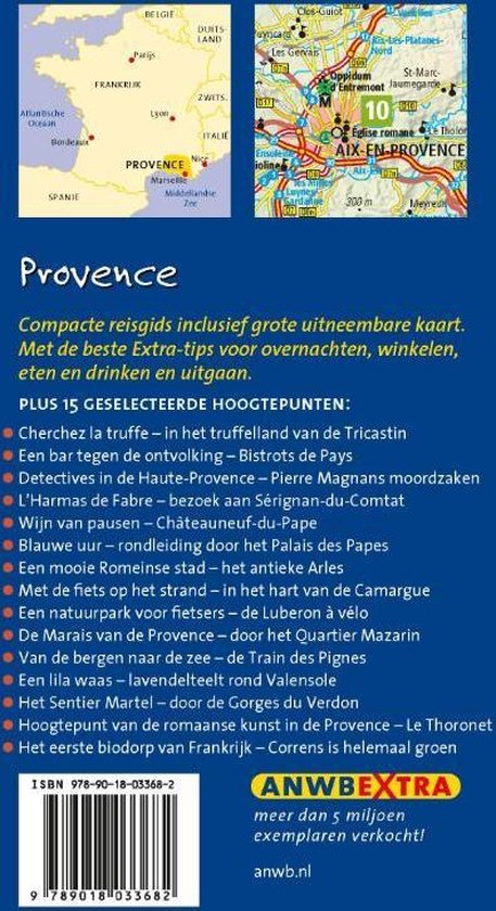 De achterkant van een ANWB Extra reisgids over de Provence met een inhoudsopgave en een kaart.