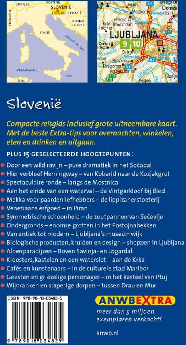 Achterkant van ANWB Extra gids Slovenië met kaarten, tekst en streepjescode. Details over de inhoud.