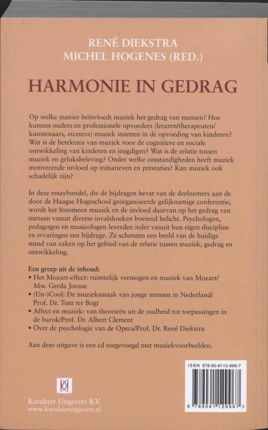 Achterkant boek 'Harmonie in gedrag' met inhoudsopgave. Kleuren: bruin en beige.