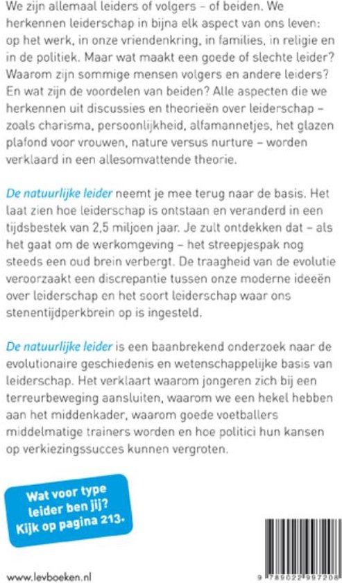 Achterkant boek 'De natuurlijke leider' met tekst en ISBN.