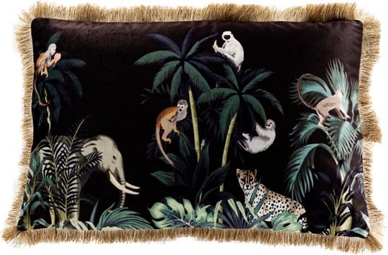 Sierkussen - Fluweel Jungle Olifant Gouden Franjes - Multicolor - 60 Cm X 40 Cm