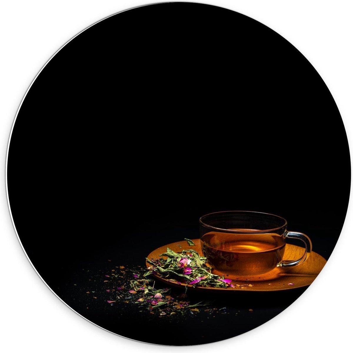 KuijsFotoprint Schilderij - Kopje Thee Met Met Zwarte Achtergrond - Zwart, Groen, Bruin En Goud - 70 X 70 Cm