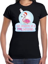 Flamingo Kerstbal shirt / Kerst t-shirt I am dreaming of a pink Christmas zwart voor dames - Kerstkleding / Christmas outfit S