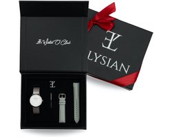 Elysian - Horloge Geschenkset Vrouwen - Zilveren mesh horloge geschenkdoos met leren horlogebandje - Roestvrij Staal - Cadeau Voor Vrouw