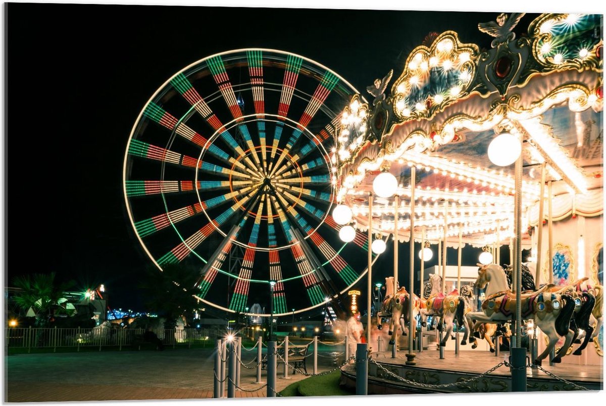 Acrylglas - Lichtgevende Draaimolen op Kermis - 90x60cm Foto op Acrylglas  (Met... | bol