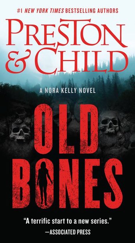 Boekomslag van 'Old Bones' van Preston & Child, met rode letters op een duistere achtergrond met schedels en een silhouet van een vrouw.