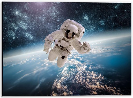 Dibond - Astronaut in de Ruimte - 40x30cm Foto op Aluminium (Met Ophangsysteem)
