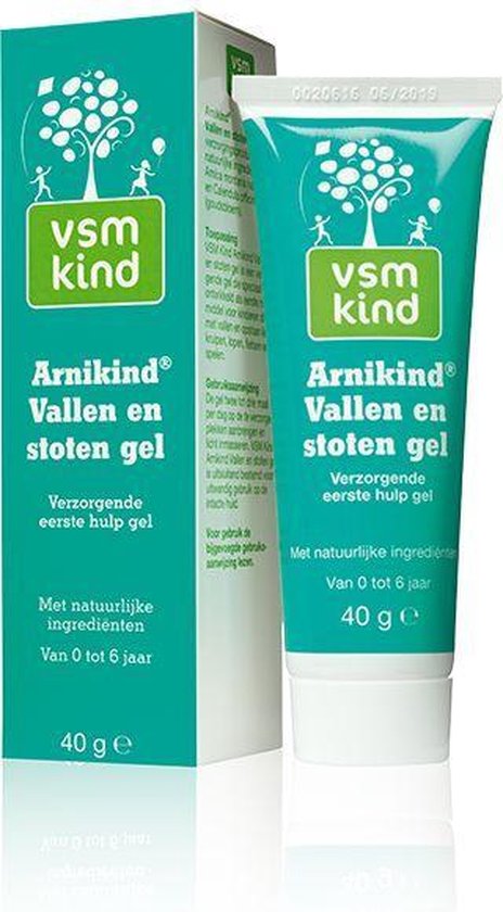 Tube en doosje VSM Kind Arnikind Vallen en stoten gel, verzorgende eerste hulp gel met natuurlijke ingrediënten, van 0 tot 6 jaar, 40g.