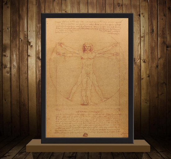 Poster Da Vinci - Kwalitatieve Poster - Kaart - Da Vinci Vitruvius Tekening  - Vintage Poster Kraft Papier Retro Kamer Decoratie 51 x 36 cm - Muurdecoratie - Uniek - Da Vinci