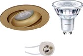 LED Spot Set - Pragmi Delton Pro - GU10 Fitting - Inbouw Rond - Mat Goud - Kantelbaar - Ø82mm - Philips - CorePro 830 36D - 4W - Warm Wit 3000K - Dimbaar