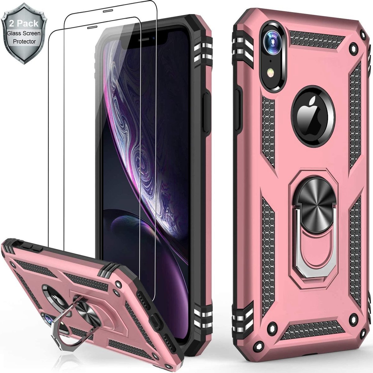 Telefoonhoesje Geschikt voor: iPhone X / XS hoesje Schokbestendige ring armor met 2X Glas Screenprotector rose goud