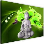 Schilderij Boeddha met orchideeën , 2 maten , grijs groen (wanddecoratie)