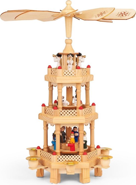 Spielwerk Kerstpiramide - 3 Verdiepingen Echt Hout - 35x20x20cm