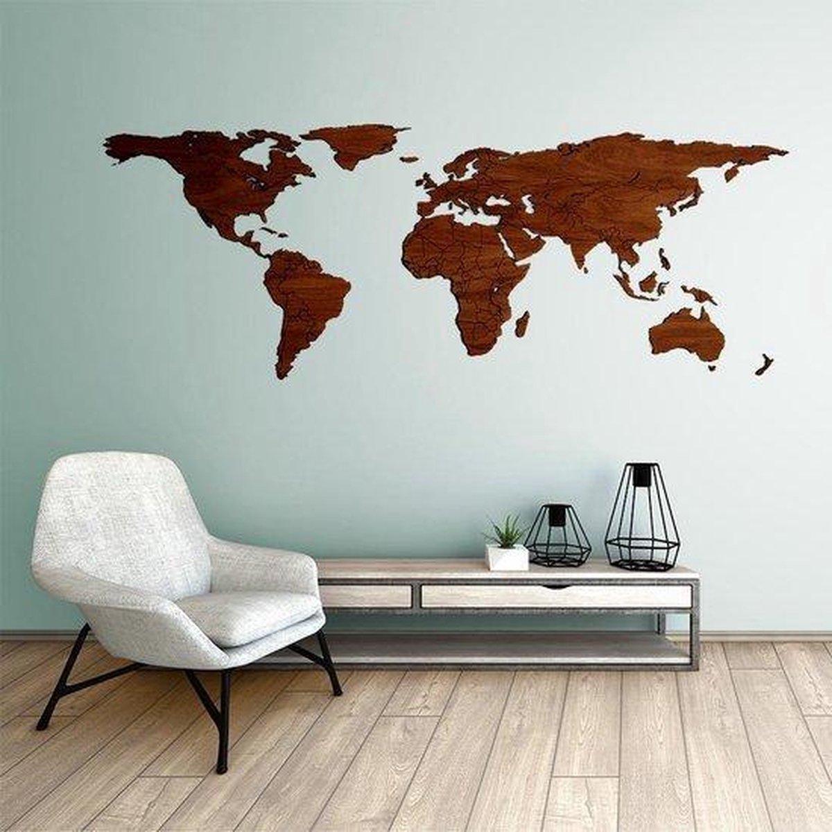 Wereldkaart van Hout - Walnoot - Large (150 x 60 cm) - Antarctica projectie - wanddecoratie - design - muurdecoratie hout