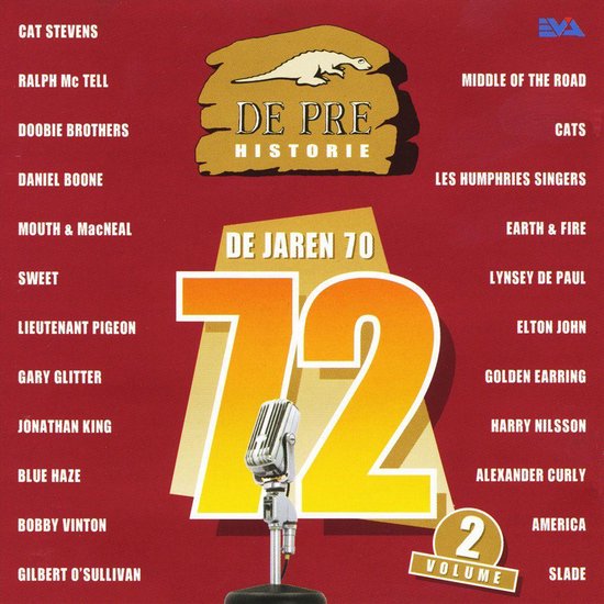 Cd-hoes met grote gele "72" en "DE JAREN 70". Met lijst van artiesten en een microfoon.
