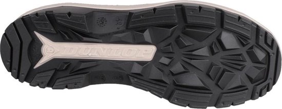 Zool van een Dunlop laars met grof, veelzijdig profiel en Dunlop logo.