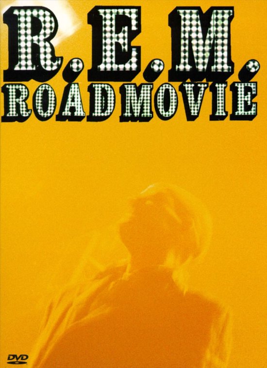 DVD hoes van R.E.M. Roadmovie in geel met op de voorgrond een wazig figuur.