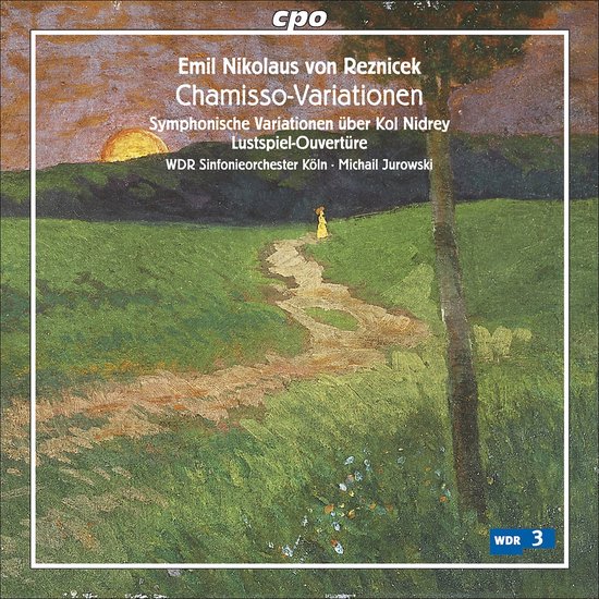 Albumhoes met schilderij van een landschap bij zonsondergang met een pad en een persoon. Tekst: Emil Nikolaus von Reznicek Chamisso-Variationen.