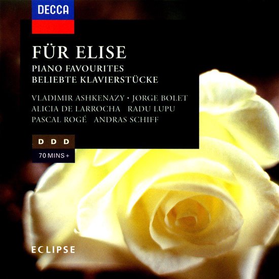 CD hoes met Decca logo, "Für Elise Piano Favourites" en een foto van een gele roos.