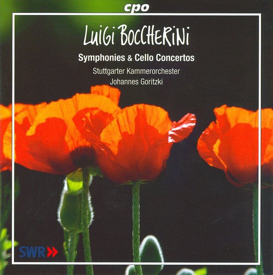 CD-hoes met rode klaprozen en de tekst 'Luigi Boccherini Symphonies & Cello Concertos'.