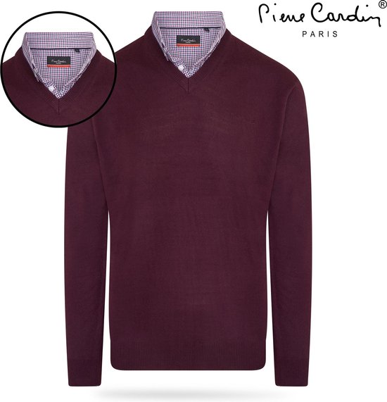 Pierre Cardin - Pull homme - Col V avec col chemise - Rouge bordeaux |  bol.com