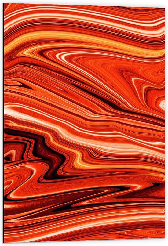 Dibond - Rood/Oranje Watermarble - 60x90cm Foto op Aluminium (Wanddecoratie van metaal)