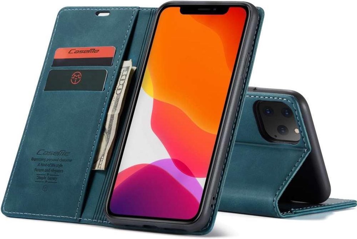 CaseMe Retro Wallet Slim iPhone 12 Mini hoesje blauw - Flipcover - magnetische sluiting - 2 kaarthouders en een vak voor briefgeld
