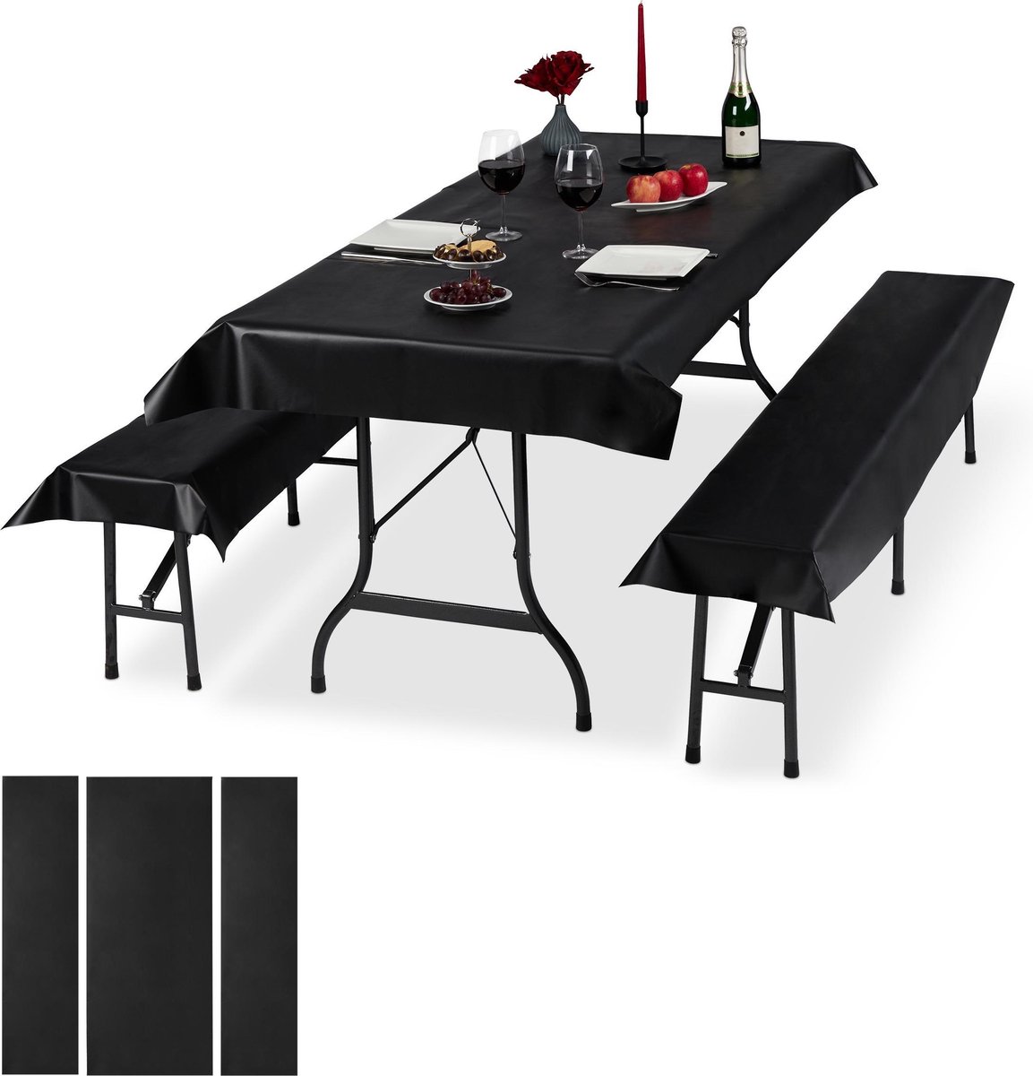 Relaxdays 6 x tafelkleed biertafel en banken - hoezen set biertent - 250 x 100 cm zwart