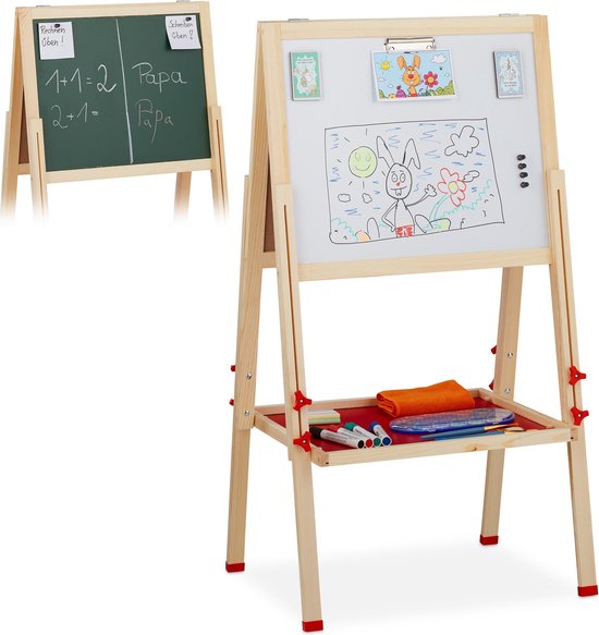 Relaxdays schoolbord kinderen - krijtbord & whiteboard - tekenbord - magneetbord - op ezel