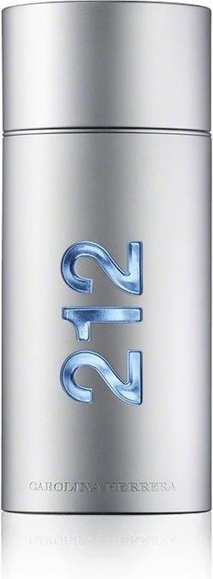 Zilverkleurige parfumfles met blauwe '212' details op de voorkant. 'Carolina Herrera' onderaan.