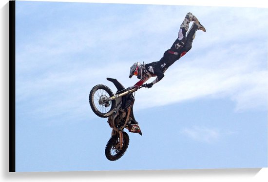 Canvas  - Motorcrosser in de Lucht met Motor - 90x60cm Foto op Canvas Schilderij (Wanddecoratie op Canvas)