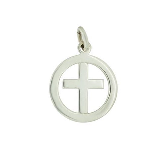 Zilveren hanger met een cirkelvormig kader en een kruis in het midden.