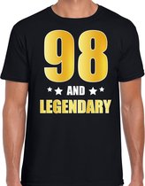 98 and legendary verjaardag cadeau t-shirt / shirt - zwart - gouden en witte letters - voor heren - 98 jaar verjaardag kado shirt / outfit XL
