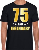 75 and legendary verjaardag cadeau t-shirt / shirt - zwart - gouden en witte letters - voor heren - 75 jaar verjaardag kado shirt / outfit 2XL