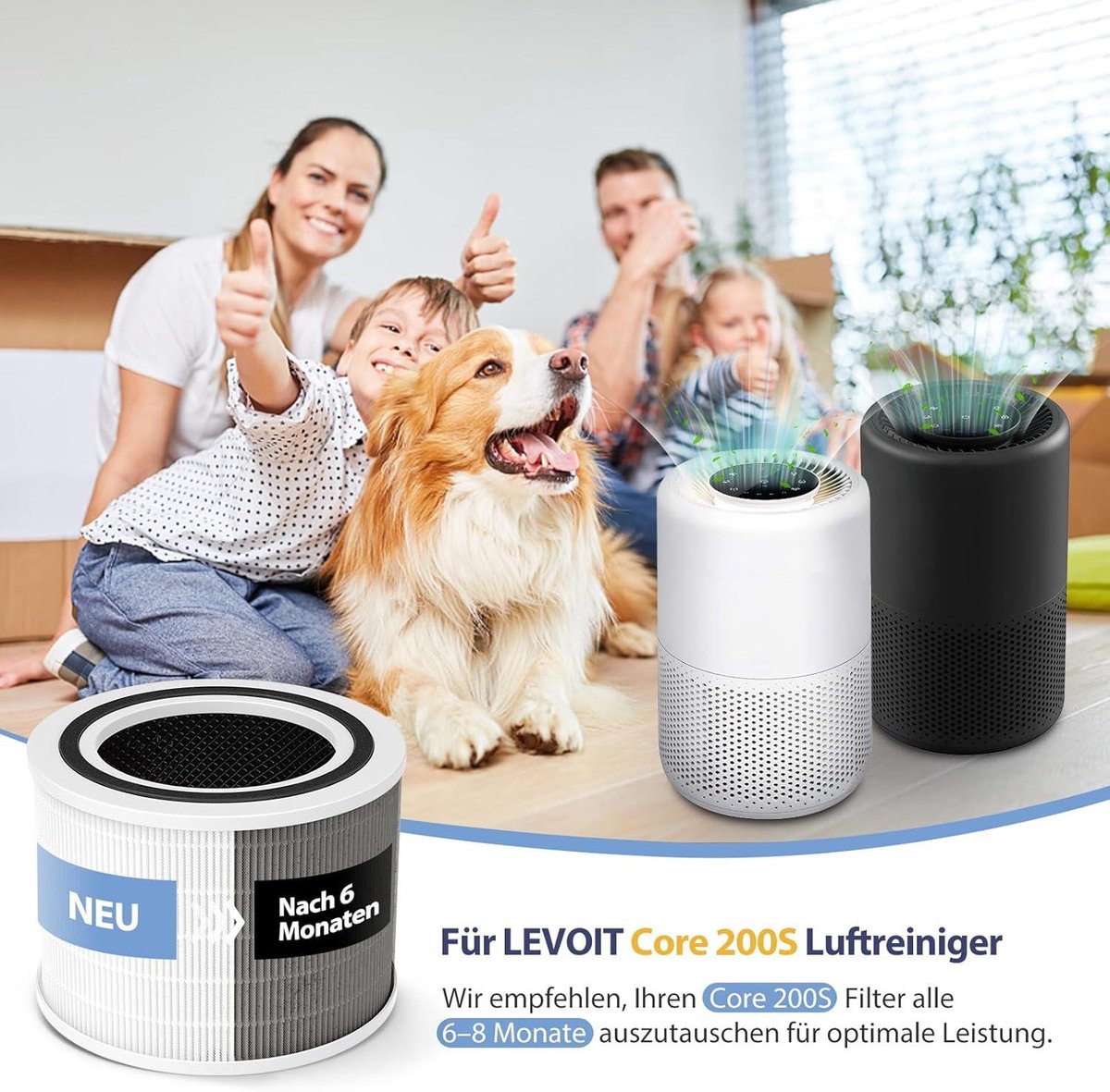 Vervangend HEPA-filter, compatibel met Levoit Core 200S, Core 200S-RF, H13 HEPA, zeer efficiënte actieve kool, 2 stuks