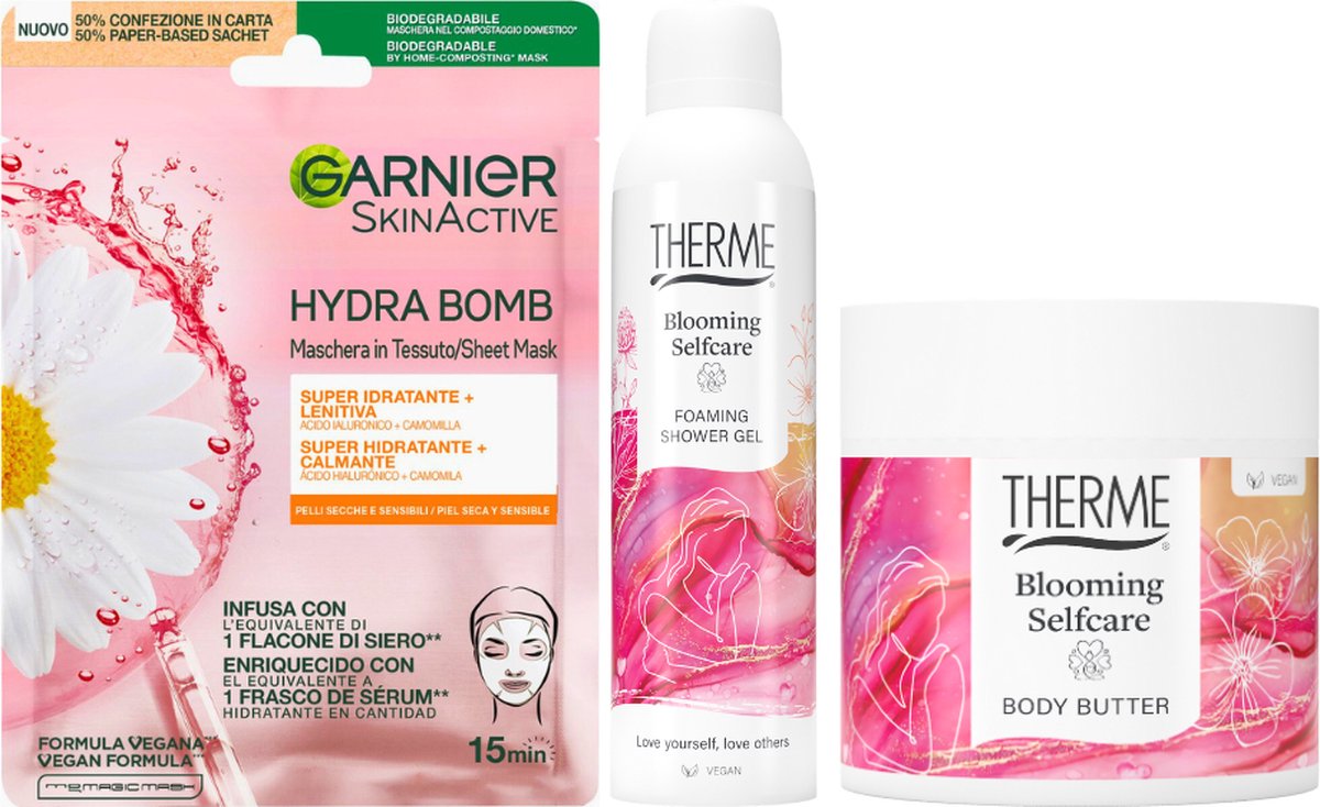 Goedkoopste Therme Cadeauset Blooming Self Care Douche & Body - Therme Body Butter Blooming Self Care - Therme Foaming Shower Gel Blooming Self Care - Garnier Sheet Masker Hydra Bomb Sensitive