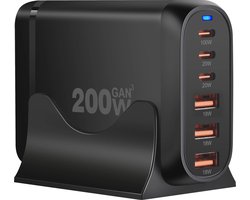 200W USB C Snellader - 6 Poorts - Desktop Oplader - 100W PD Fast Charging - Geschikt voor iPhone, iPad, Samsung, Laptop en Tablet - Staza
