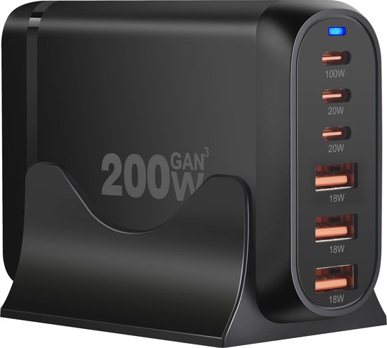 200W USB C Snellader - 6 Poorts - Desktop Oplader - 100W PD Fast Charging - Geschikt voor iPhone, iPad, Samsung, Laptop en Tablet - Staza