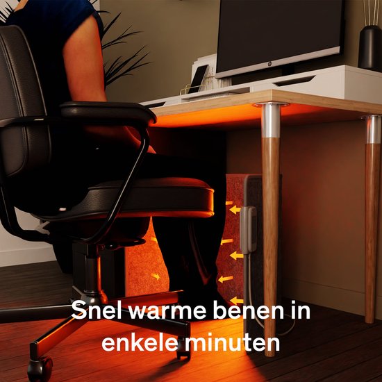 Infrarood kachel wordt onder een bureau gebruikt, waardoor de benen van de persoon op de bureaustoel warm worden.
