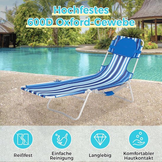 Flamingueo Opvouwbare Ligstoel – Strandstoel Met 5 Standen, Waterdicht Polyester, 150 Kg Draagkracht, Blauw