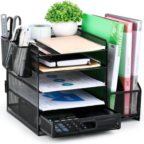 Bureau-organizer met aktjeshouder, 4 niveaus, papieren brievenbak met lade en 2 pennenhouders, netbureau, opbergvakken, organizer met tijdschriftenhouder voor kantoorbenodigdheden