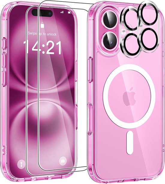 Étui transparent antichoc | Convient pour : iPhone 16 Plus - Coque arrière transparente + 2x protecteur d'écran en Tempered Glass + 2x protecteur d'appareil photo | Compatible avec MagSafe