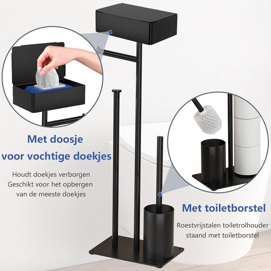 Roestvrijstalen toiletpapierhouder, staand, toiletpapierhouder met vochtige doekjesdoos, voor toiletpapier en toiletborstel (zwart