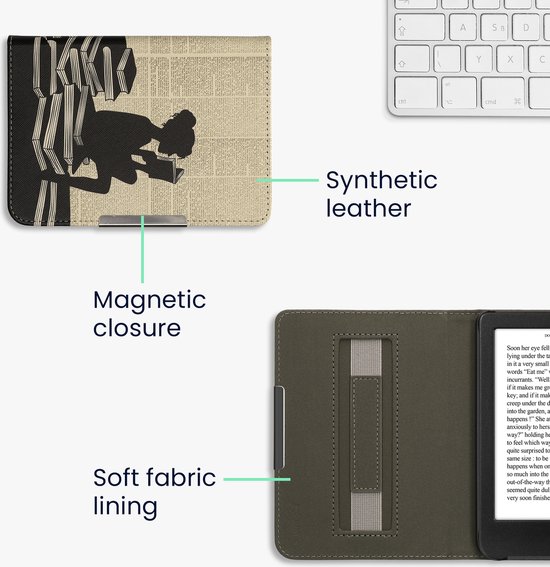 kwmobile e-reader hoesje geschikt voor Kobo Clara BW / Colour hoes - E reader flip case met magneetsluiting - Ereader cover - Meisje met boeken design in zwart / beige van Merkloos — afbeelding 4