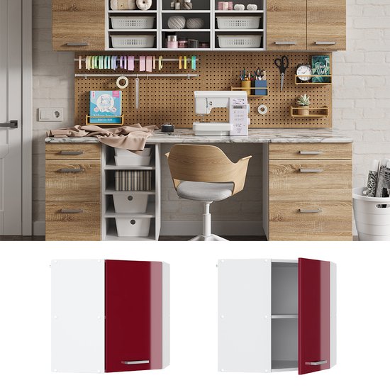 Vicco Armoire suspendue universelle R- Line, Rouge bordeaux brillant/ Wit, 57 cm Armoire murale d'angle avec porte