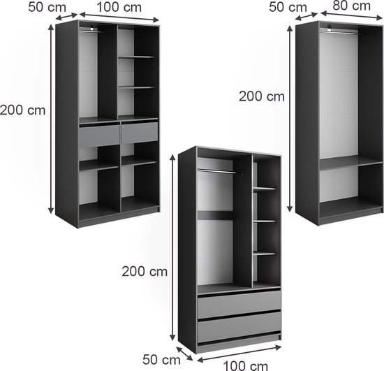 Vicco Armoire Elmo, Anthracite, 100 x 200 cm , Set de 3 pièces